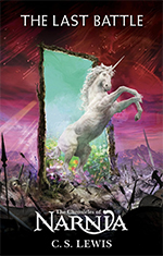 Front Cover to The Last Battle, with a white unicorn rearing up as it charges through a portal that passes from a daylit meadow into a darkened wasteland